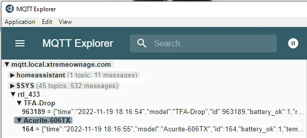 Image of MQTT explorer showing rtl_433 topic