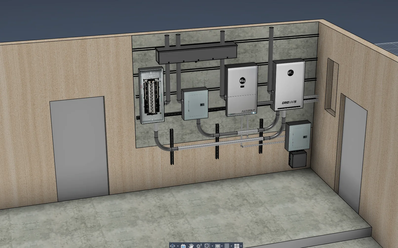 Fusion 360 mockup of the garage wall with all four enclosures, conduit and panels laid out