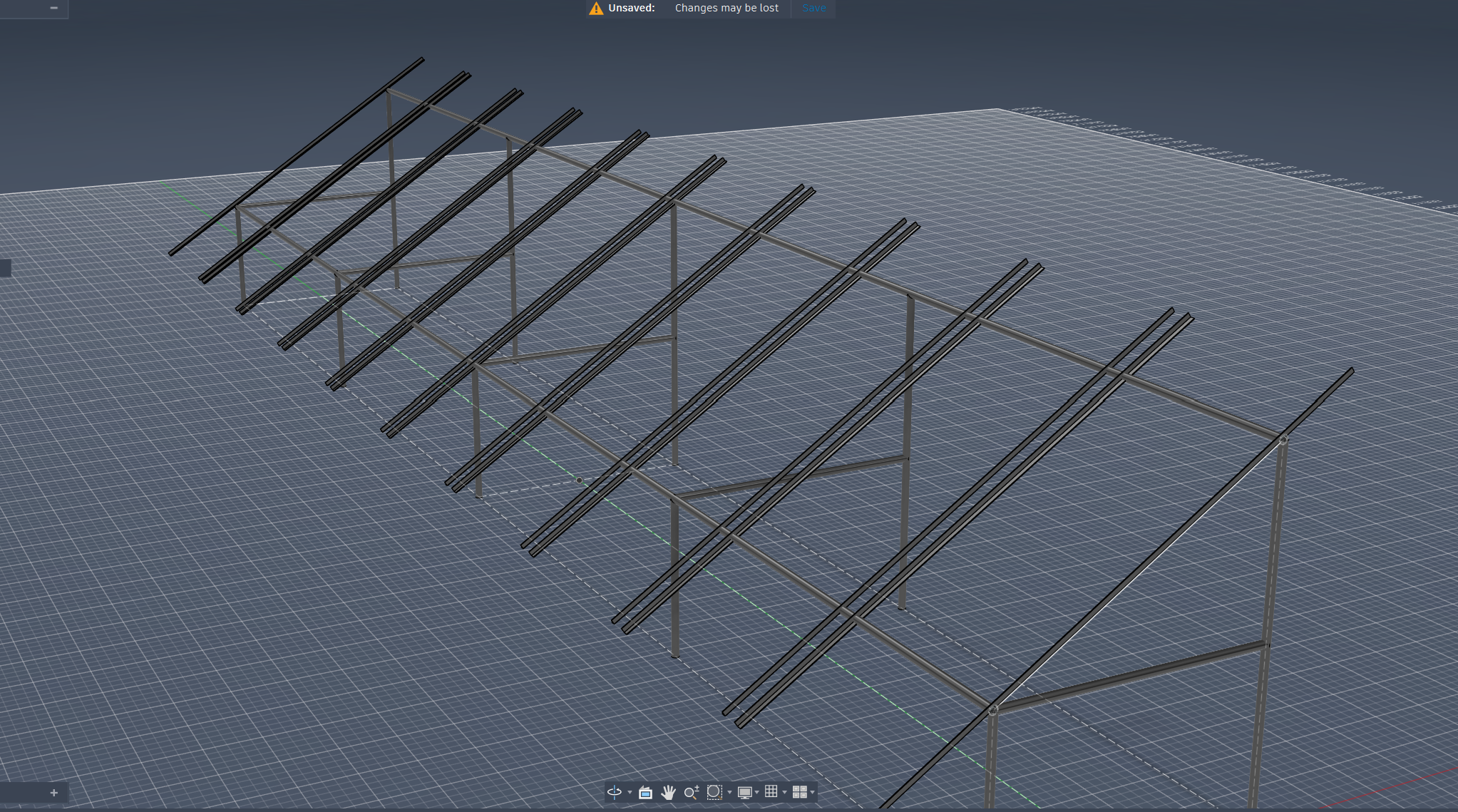 Fusion wireframe of the full rack — ten columns of angled rails on drill-string legs