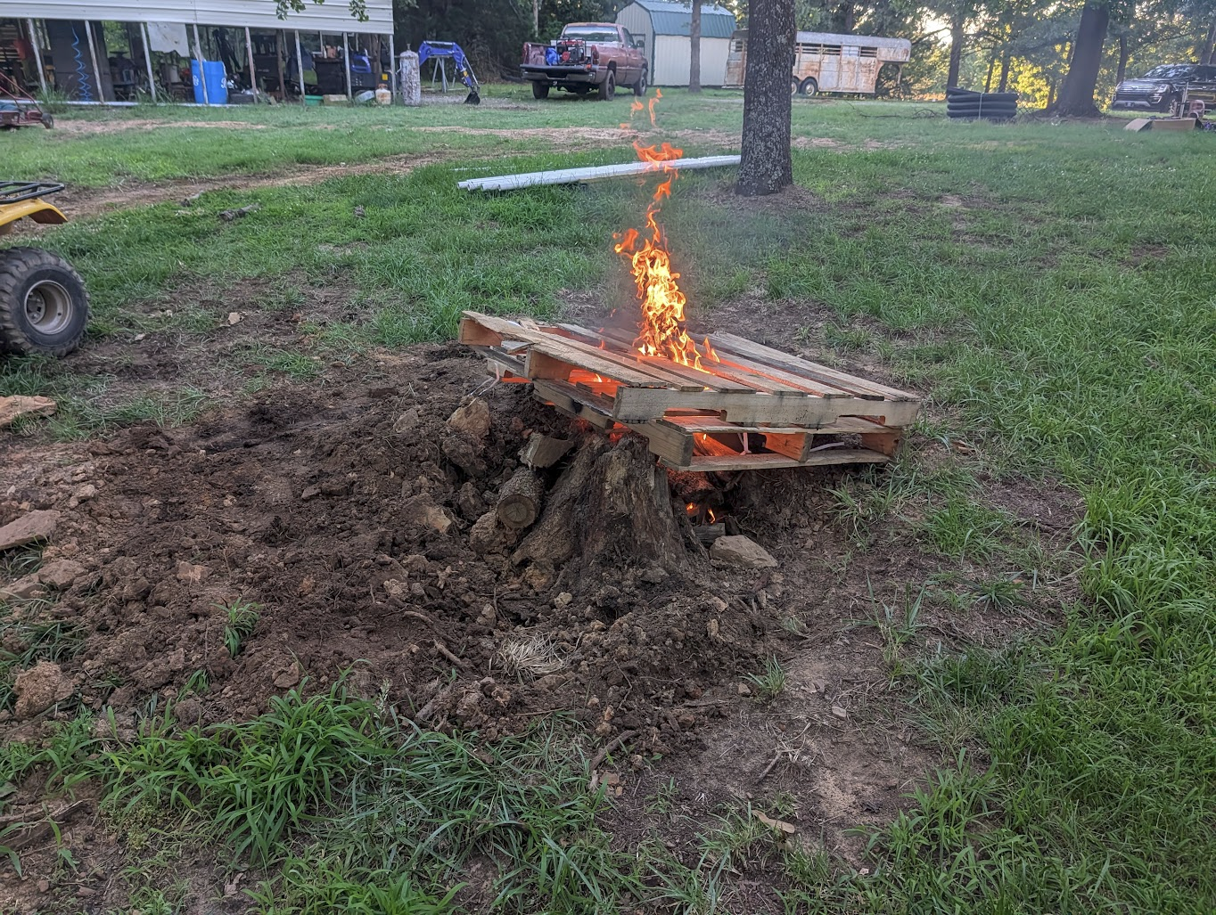 Stump burning in the middle of the yard