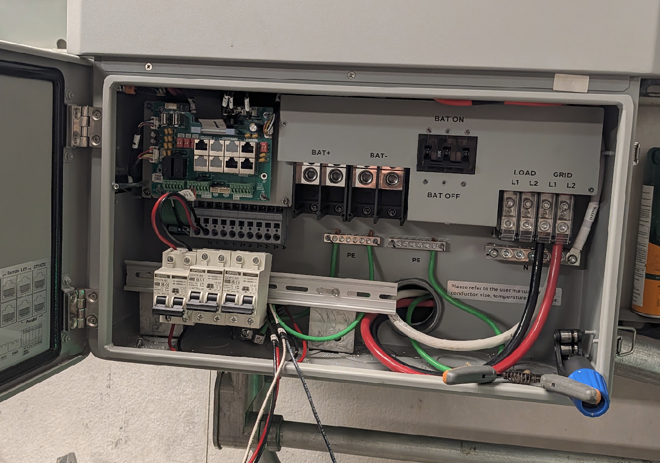 Aluminum brackets holding a DIN rail inside the inverter