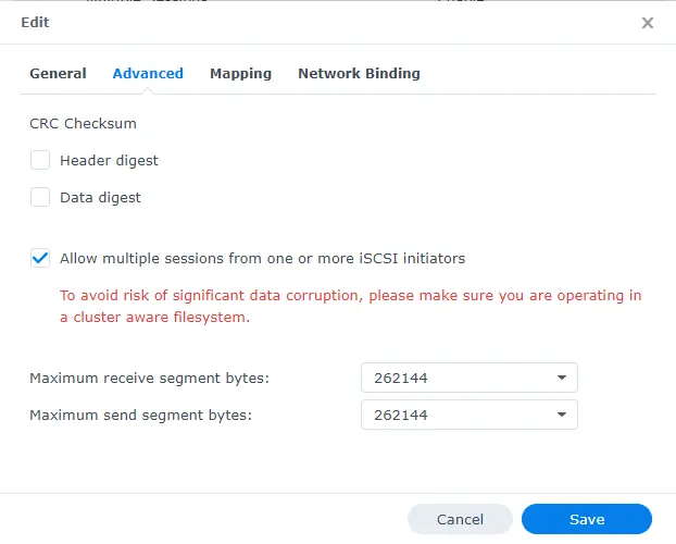 iSCSI -> Advanced Menu, with Allow multiple sessions checked