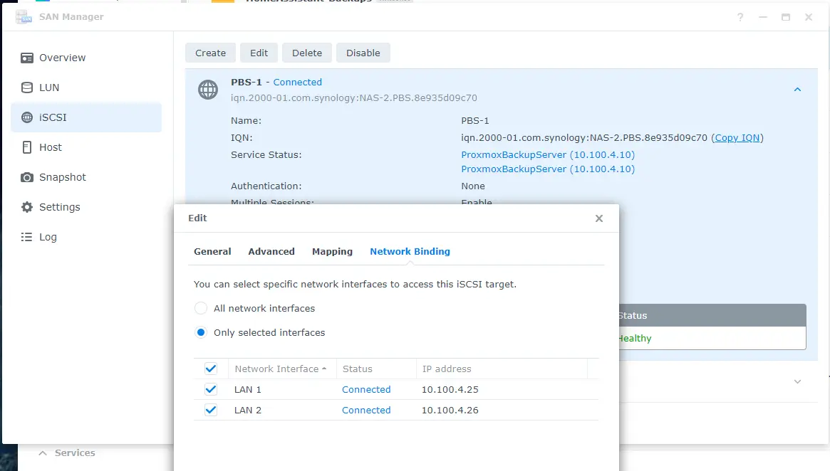 Image showing the iscsi portal settings, with both NICs binded