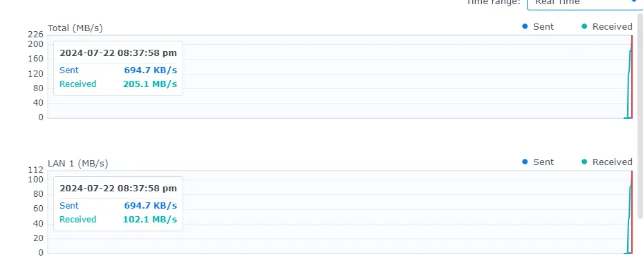 Image showing synology performance graph hitting 200MB/s